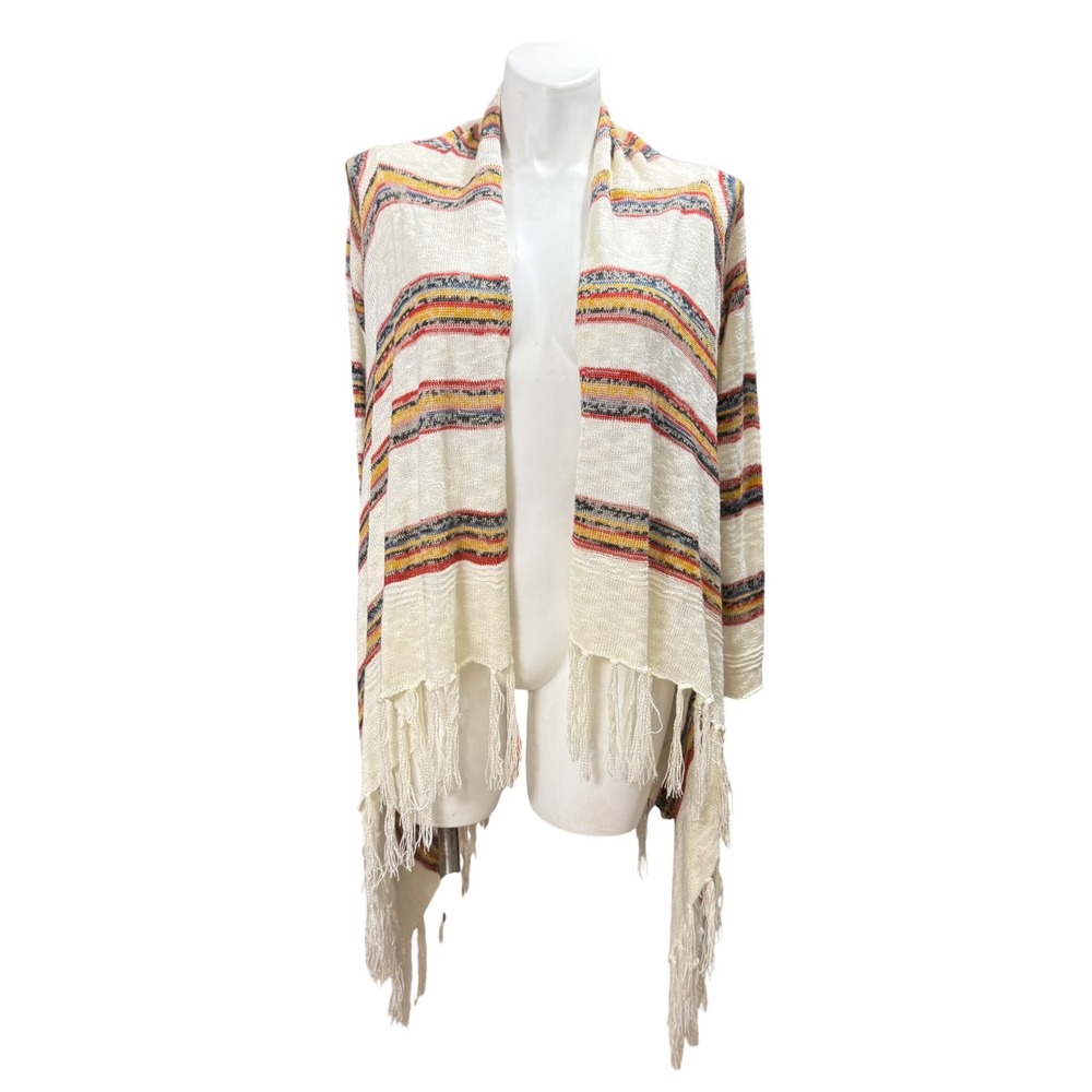 Escio Womens Large Striped Fringe Open Front Cardigan Sweater Multi-Color Boho